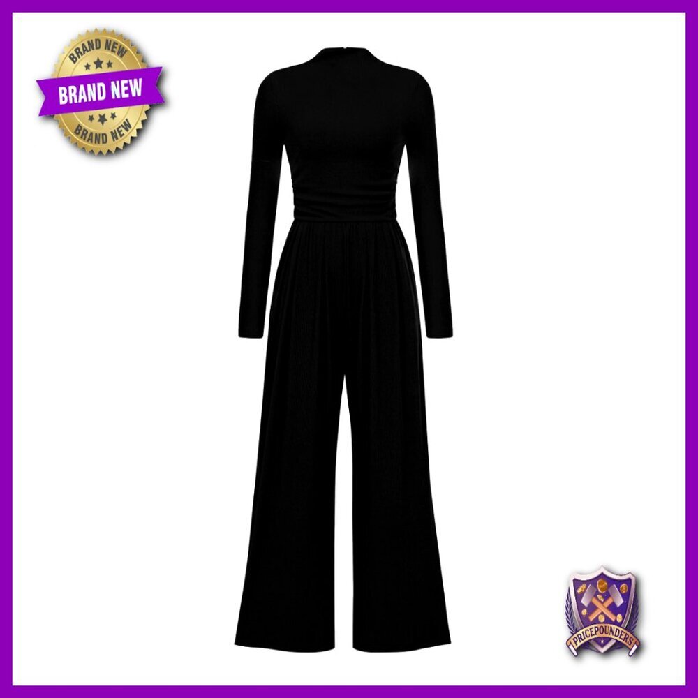 Long Sleeve Mock Neck Jumpsuit with Pockets, Wide Leg Palazzo Style